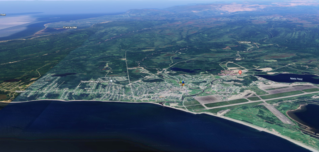 Aerial view of a Western Newfoundland community and surrounding coastline