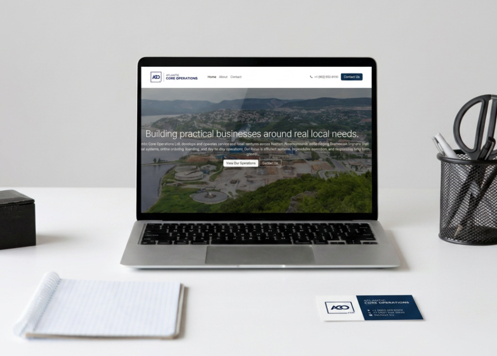 Atlantic Core Operations website displayed on a laptop in a clean business workspace.